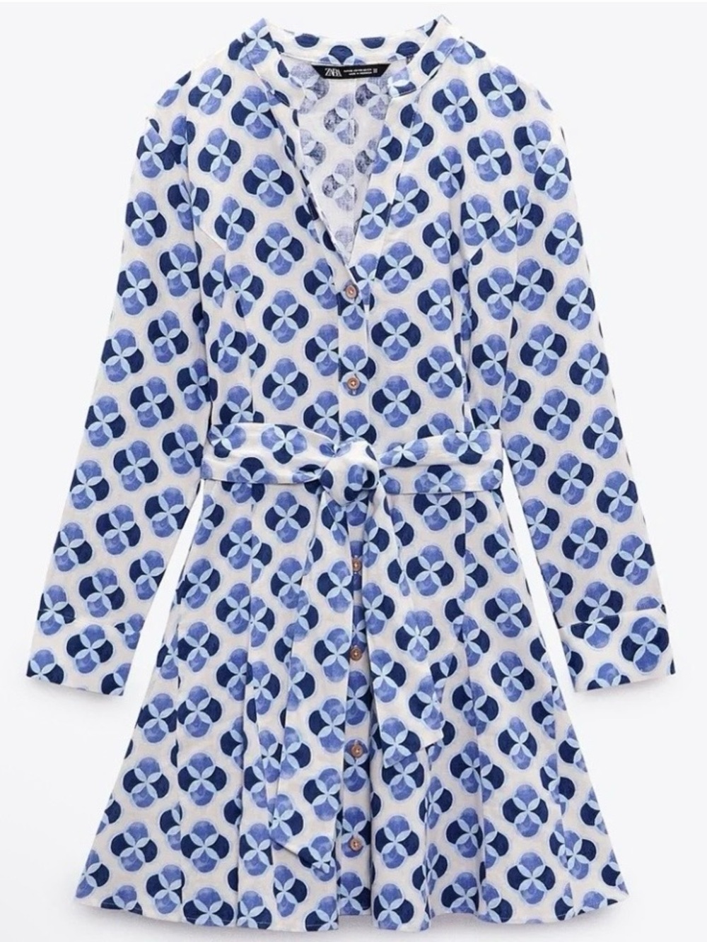 Zara Linen Geometric Flattering Shirt Dress Tie Waist Size M MSRP $110 NWOT - Picture 5 of 8